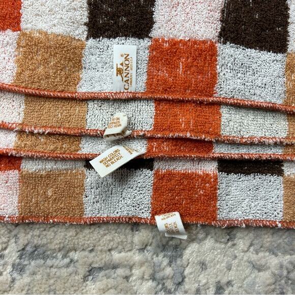 70s Vintage Cannon Checkered Brown Orange White 1 Hand Towel 4 Washcloths Set - Picture 6 of 6